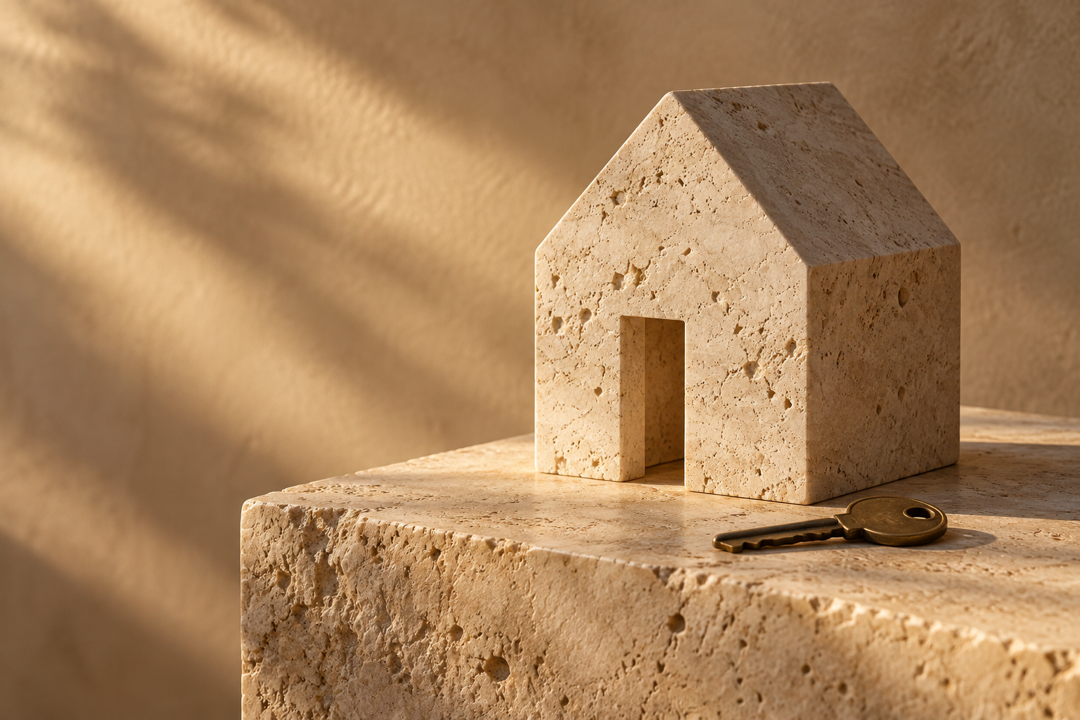 Composition symbolique : une maison sculptée dans la pierre et une clé en laiton